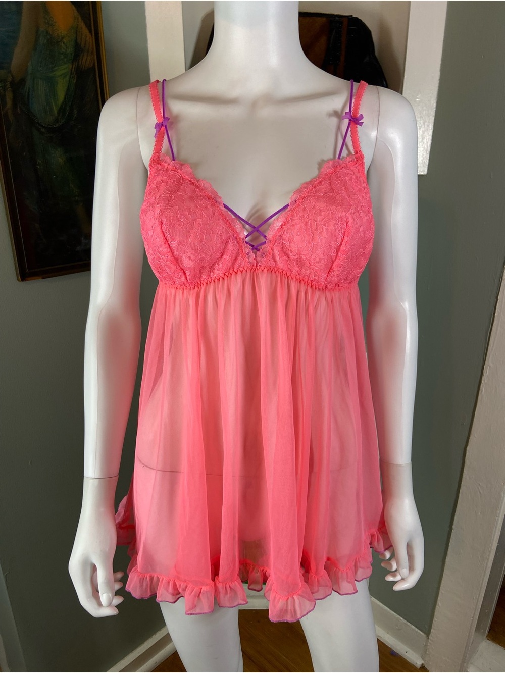 Victoria's Secret Dream Angels Nylon Mesh Flyaway Babydoll Teddy Sheer Lace L